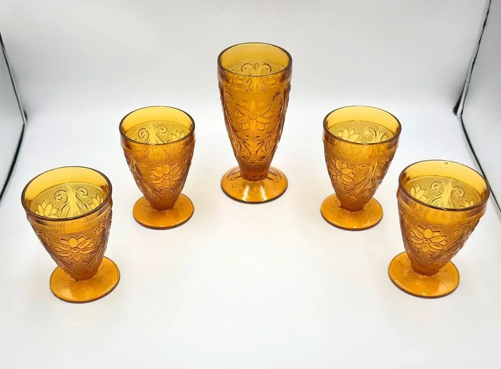 Indiana Sandwich Glass Tiara Amber 5pc Set - Tumbler Drinking Glasses